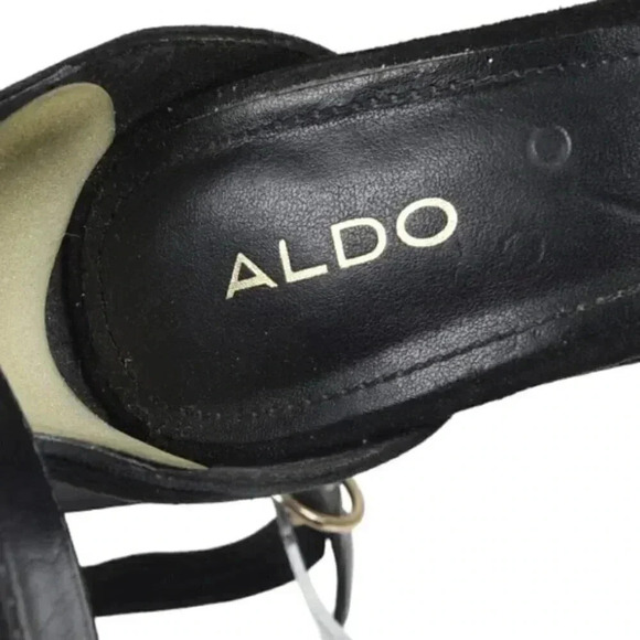 Aldo  Suede Ankle Strap Block Heel Black Strappy Sandal Open Toe Size 7.5 - Picture 9 of 11